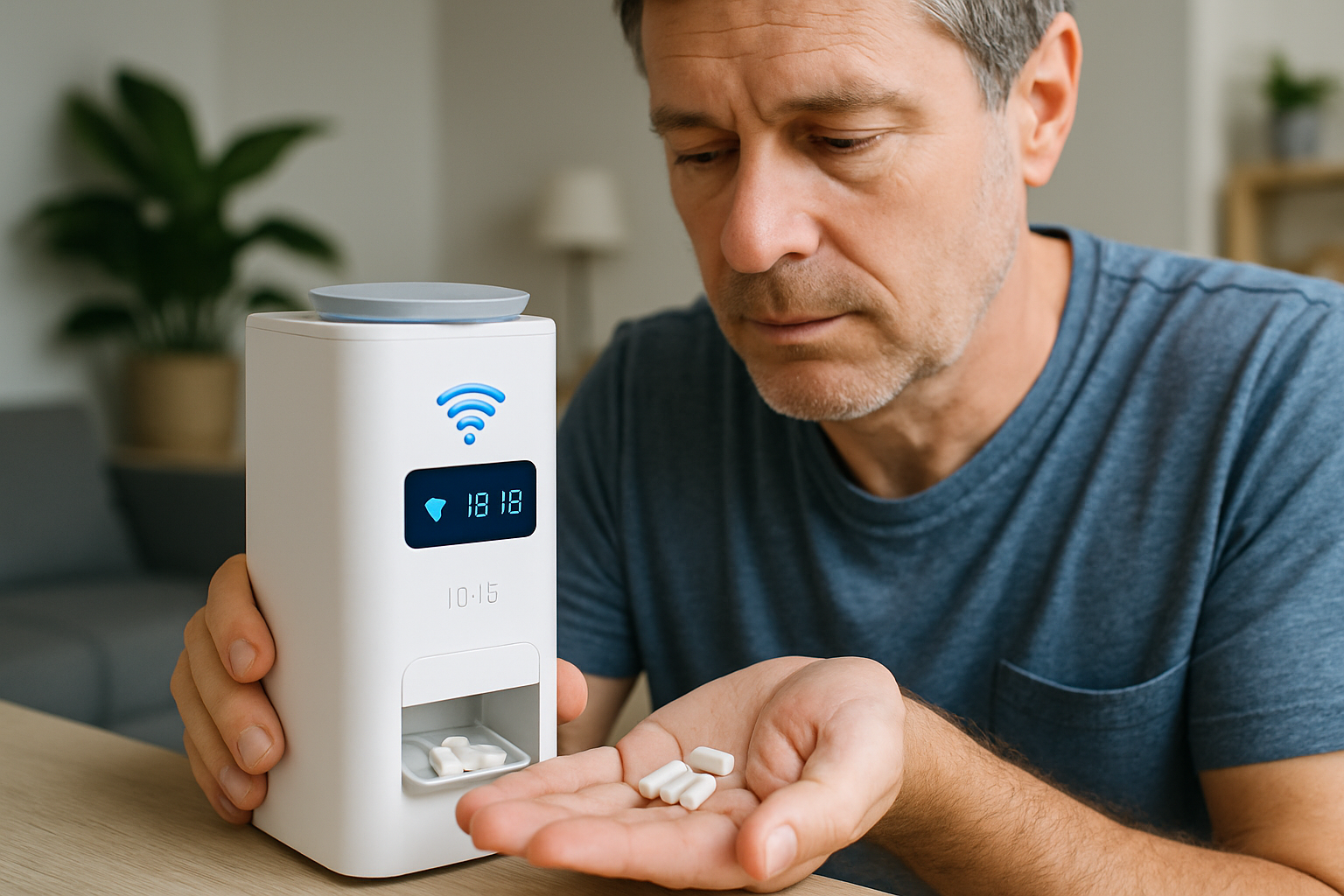 An image of a patient using a medicine dispenser connected with IoT