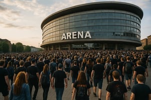Image of a large public event with concert goers heading into an arena that could be anywhere in europe-1