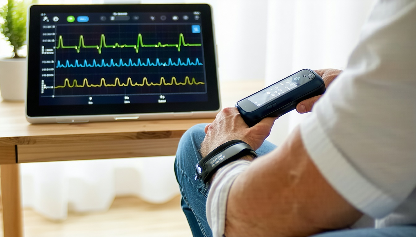 Image of a patient at home The patient uses a connected blood pressure cuff that automatically records and transmits readings to their healthcare provider