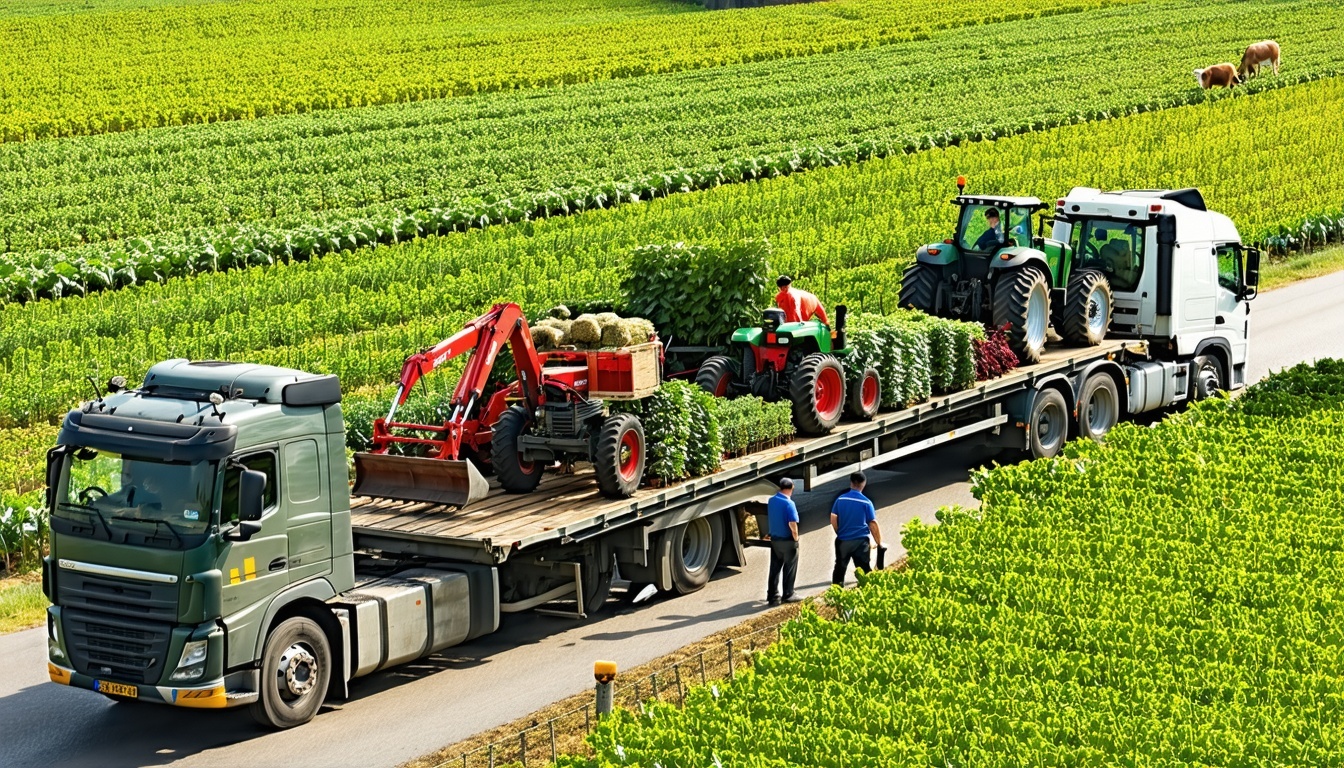 The image depicts a vibrant sprawling farm being carefully loaded onto a large flatbed truck with lush green fields and rows of crops visible in the background The scene captures various farm elements such as a rustic red barn grazing livestock and e-1
